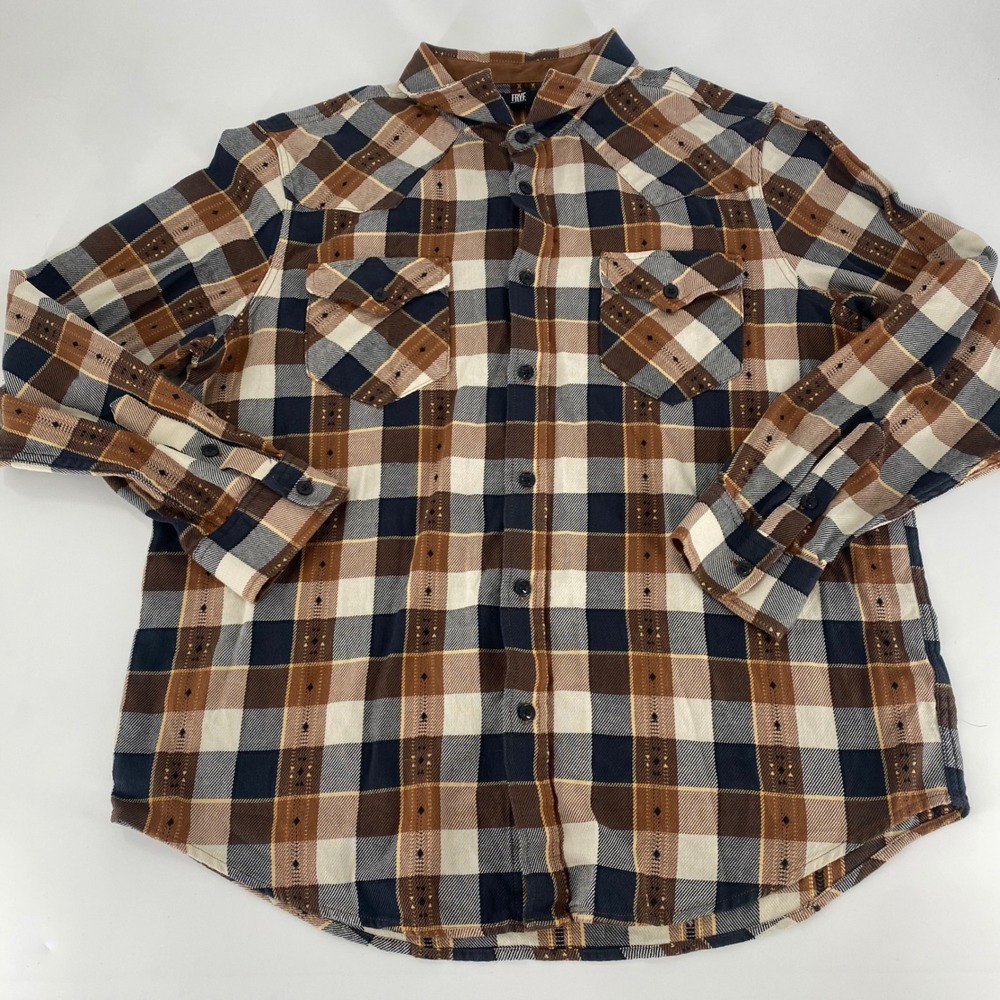 FRYE Mens Plaid Flannel‎ Long Sleeve Snap Button Shirt XL Brown Tan Black